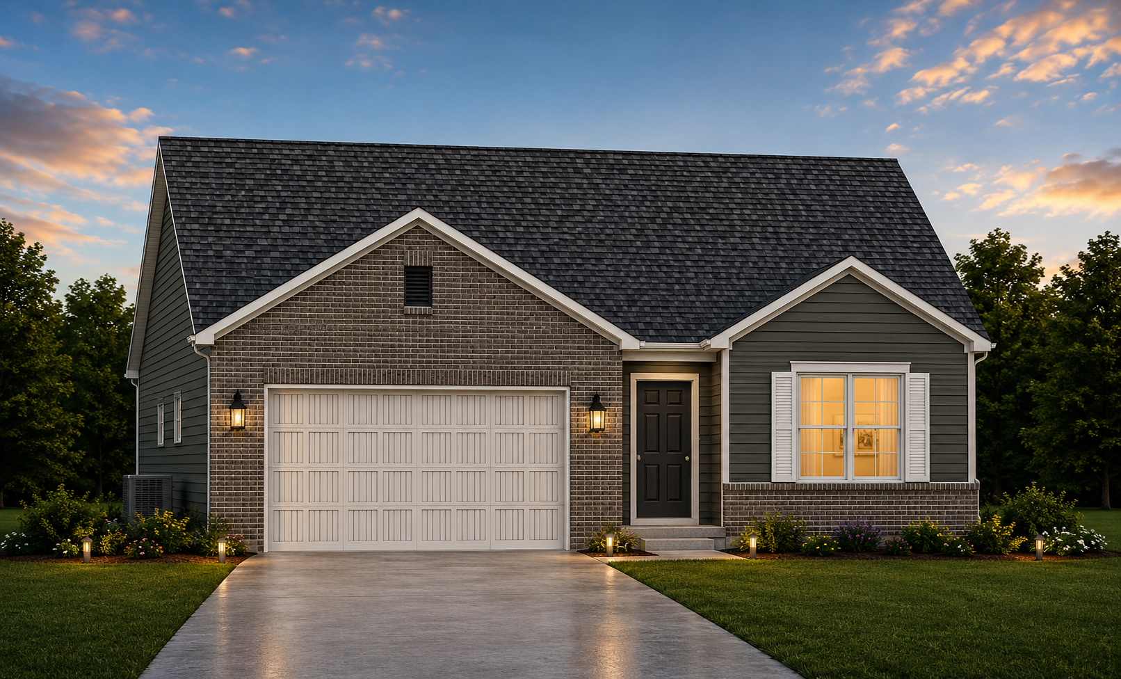 Front view of a modern suburban house with a two-car garage, brick and gray siding, and warm entry lighting at dusk.