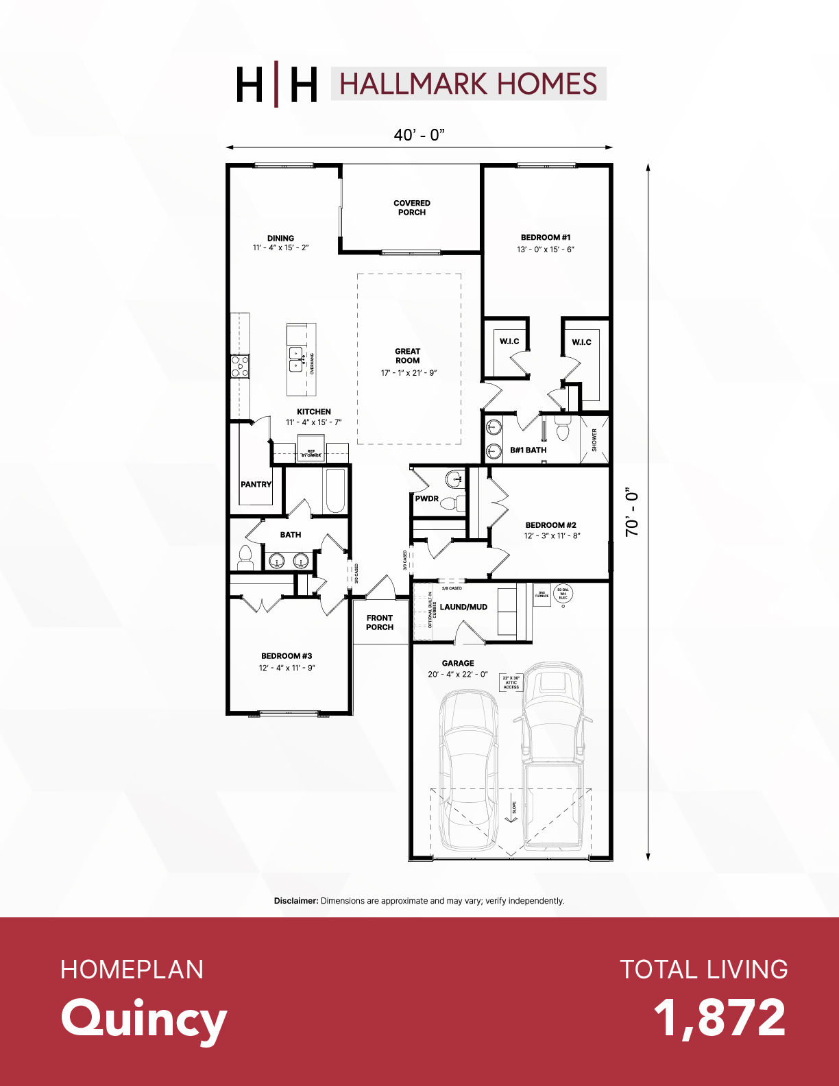 hallmark-homes-indiana-custom-home-builder-whitestown-jacksonrun-quincy-floorplan | Hallmark Homes Front-to-back floor plan of a 40' wide home showing a 3-bed, 2-bath layout with a two-car garage, great room, kitchen, dining, and porches.