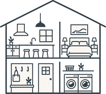 Cross-section of a two-story home: kitchen with island and stools, bedroom with bed and TV, laundry room with washer/dryer, and entry.