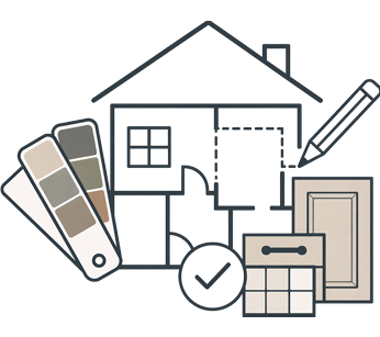 Interior design and home renovation tools scene with paint swatches, blueprint, ruler, and calendar indicators.
