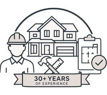 Illustration of a house under construction with a worker in a hard hat, tools, clipboard, and a '30+ years of experience' banner.
