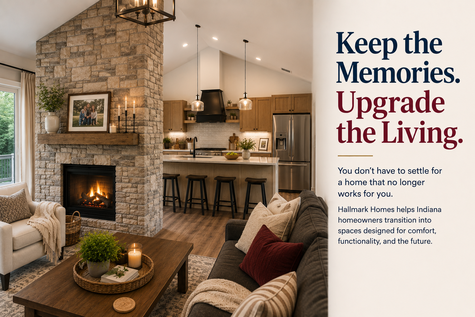 Open-concept living area with a stone fireplace, cozy seating, and a kitchen island; right-side ad reads 'Keep the Memories. Upgrade the Living.' promoting upgrading the living space.