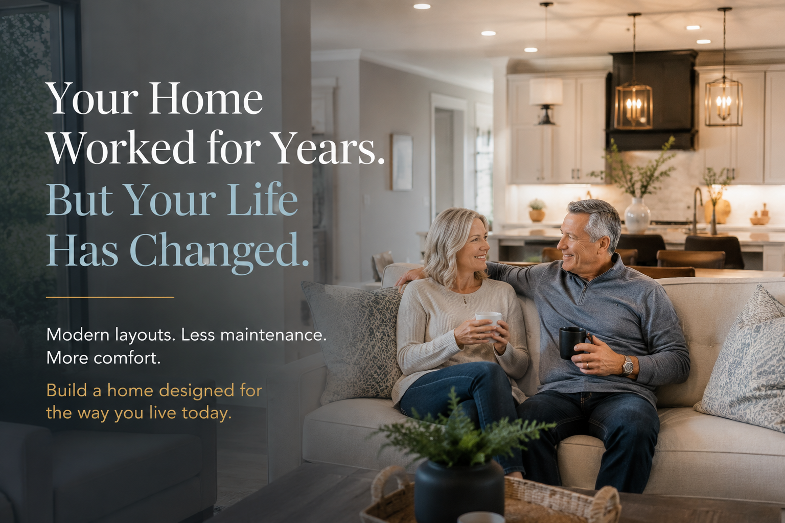 Older couple on a living-room sofa with mugs, smiling at each other; promotional text about homes designed for changing needs and comfort in later life.