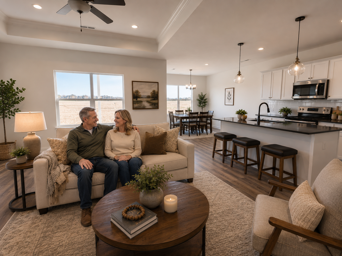 Couple sits on a beige sofa in an open-plan living space with a kitchen island and dining area in the background.