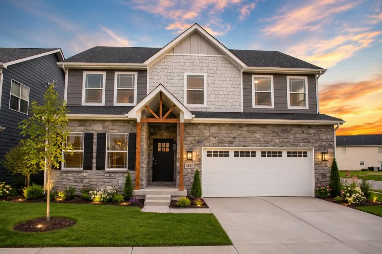 Two-story suburban home with stone and gray siding, a covered front porch with wooden beams, and a white two-car garage at sunset.