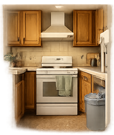 White oven with range hood centered between wooden cabinets in a small kitchen, with a gray trash can on the right and a towel on the oven door.