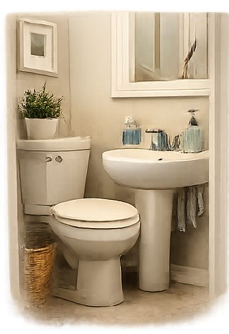 Small bathroom featuring a white toilet, pedestal sink with blue soap dispensers, wall mirror, a potted plant on the toilet tank, and a wicker basket.