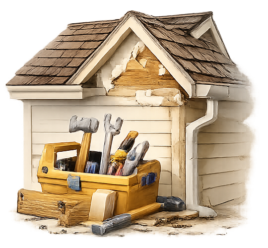 Miniature wooden house with a damaged front, a yellow toolbox, and assorted tools in front.
