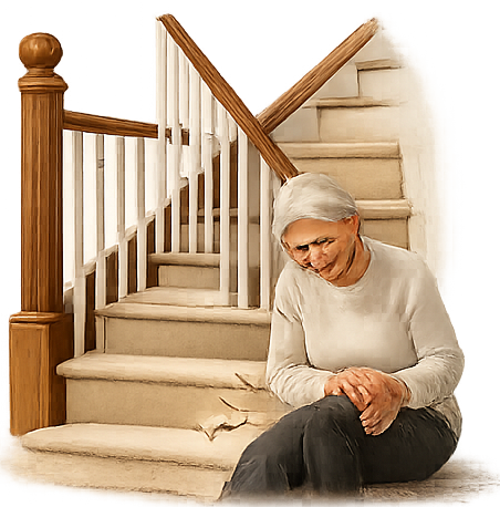 Older woman sits on the floor at the base of a broken staircase railing, looking worried or resigned.
