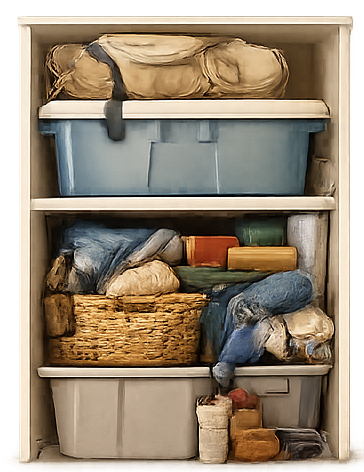 Closet storage cabinet with blankets, a blue bin, baskets of yarn and fabric, and small containers on three shelves.