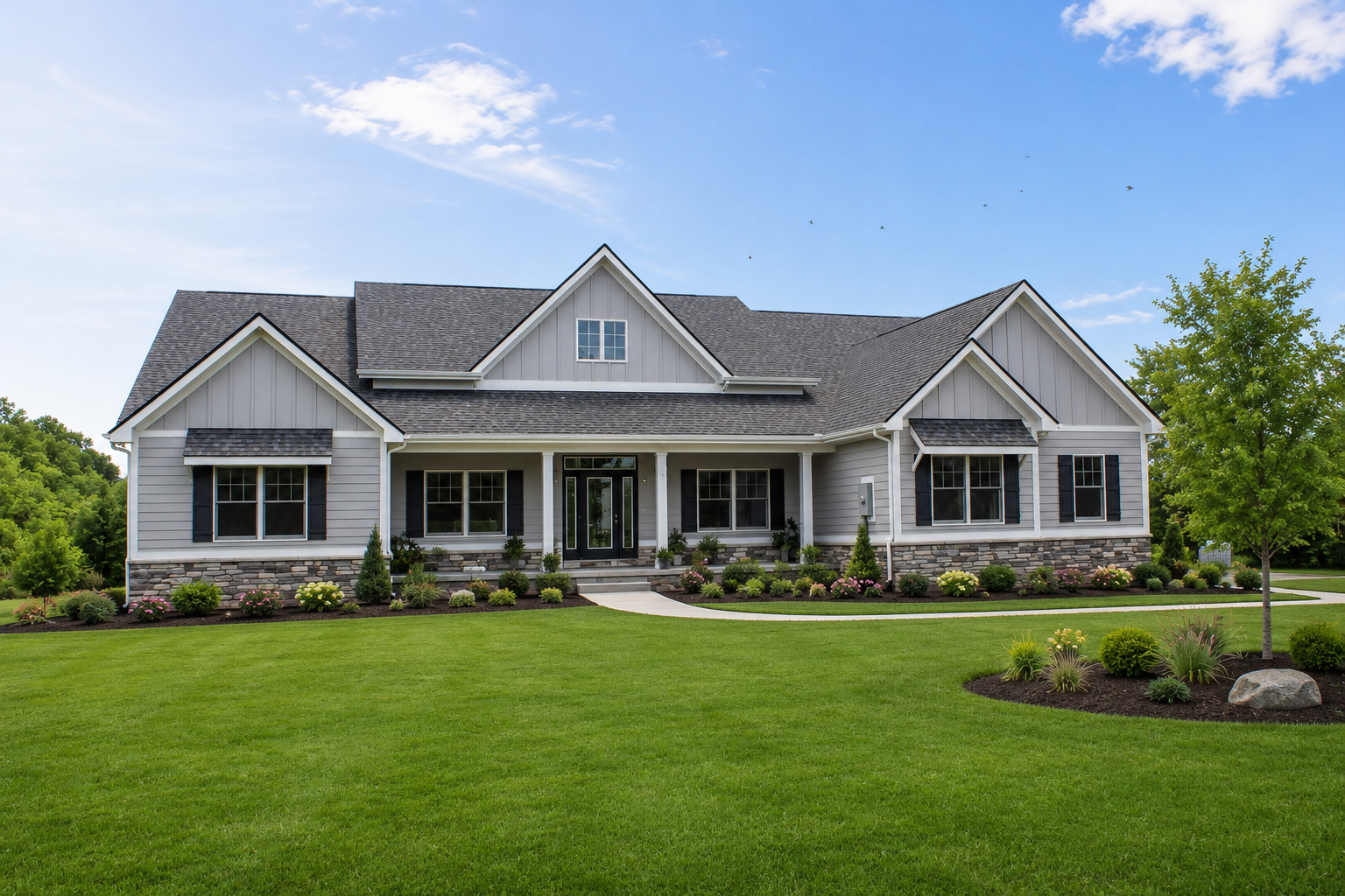 Front view of a modern gray single-family home with a stone base, white trim, and a manicured lawn under a blue sky.