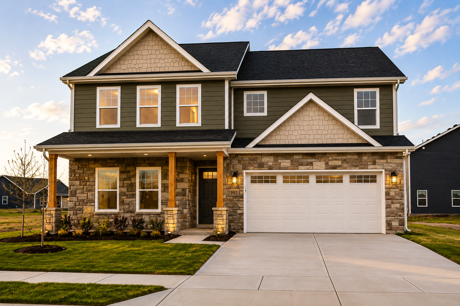 Front view of a two-story house with stone façade, green siding, white trim, and a white two-car garage at dusk/dawn light.