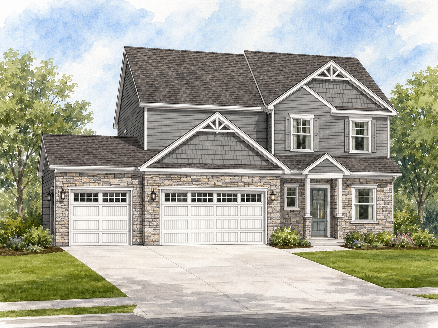 Front view of a two-story house with gray siding, white trim, stone accents, and a three-car garage with white doors.