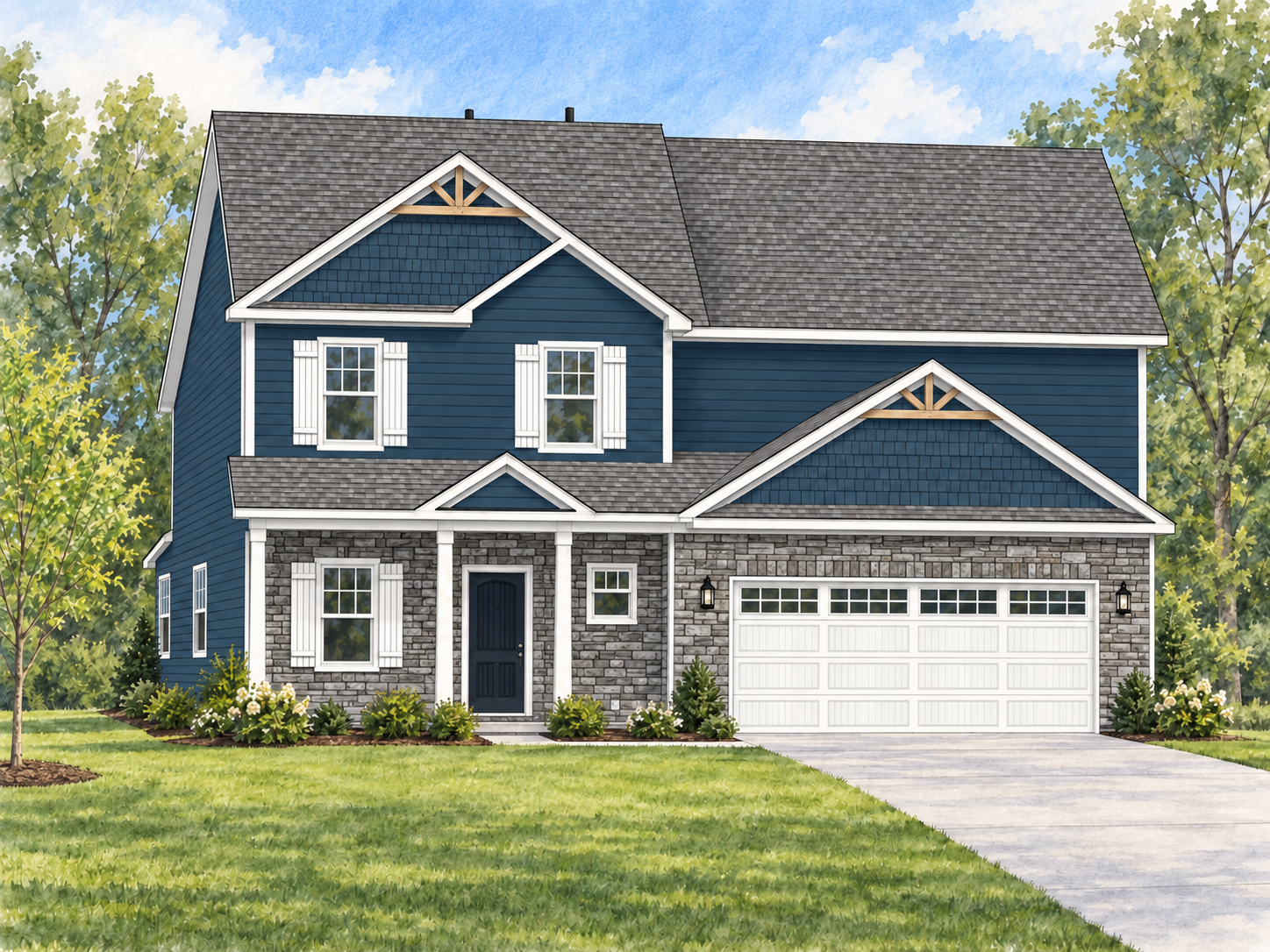 A two-story white house with black shutters, a front porch, and a two-car garage. The house has a gabled roof and is surrounded by trees and landscaping. The sky has some clouds
