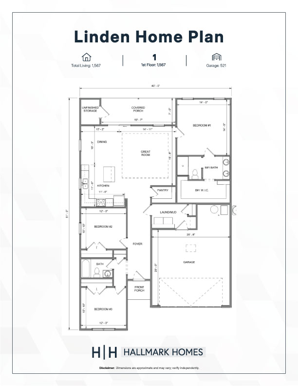 Linden-Marketing-Sheet | Hallmark Homes Linden Home Plan floor plan of a single-story home showing Great Room, Kitchen, Dining, Pantry, Laundry, Foyer, Front Porch, Covered Porch, unfinished storage, three bedrooms and two bathrooms, plus a two‑car garage.