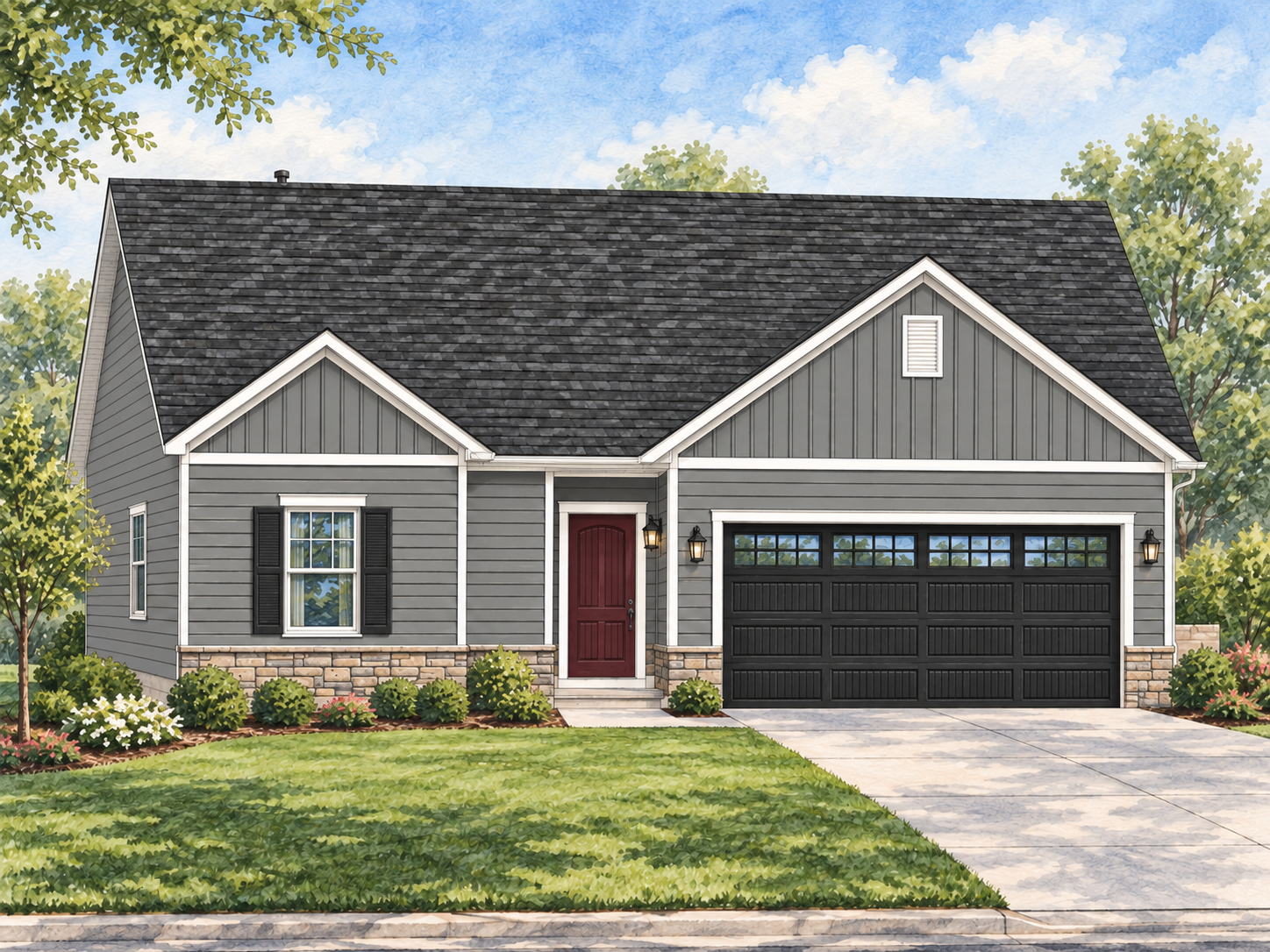 Front view of a gray, single-family home with a two-car black garage door, red front door, and manicured lawn.