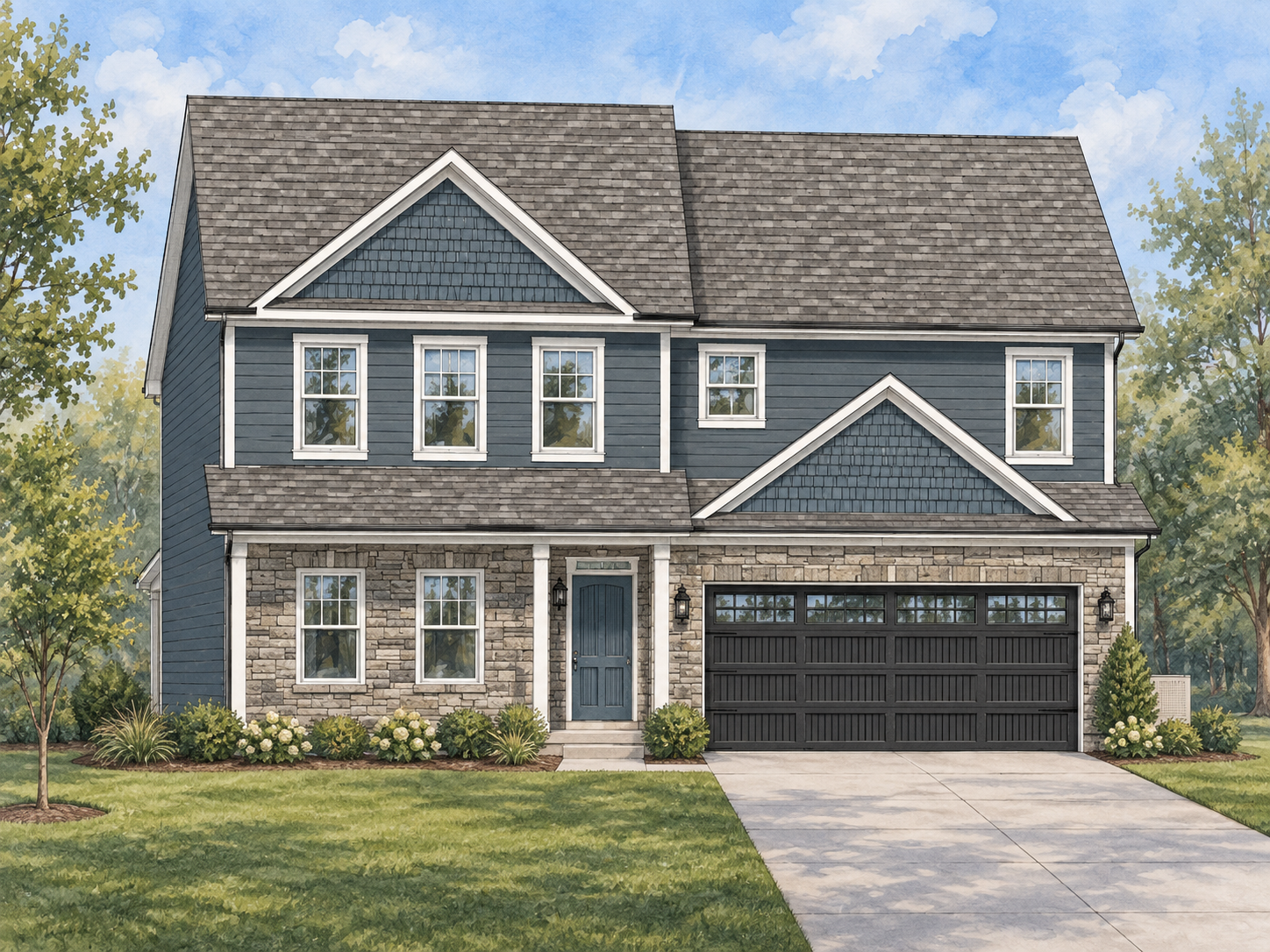 Front view of a two-story blue suburban home with a stone first level, white trim, and a dark gray, two-car garage on a manicured lawn.