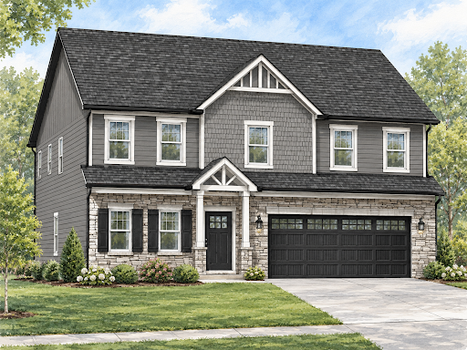 Two-story gray suburban home with stone accents, a black front door under a small gabled porch, and a two-car attached garage; manicured lawn.