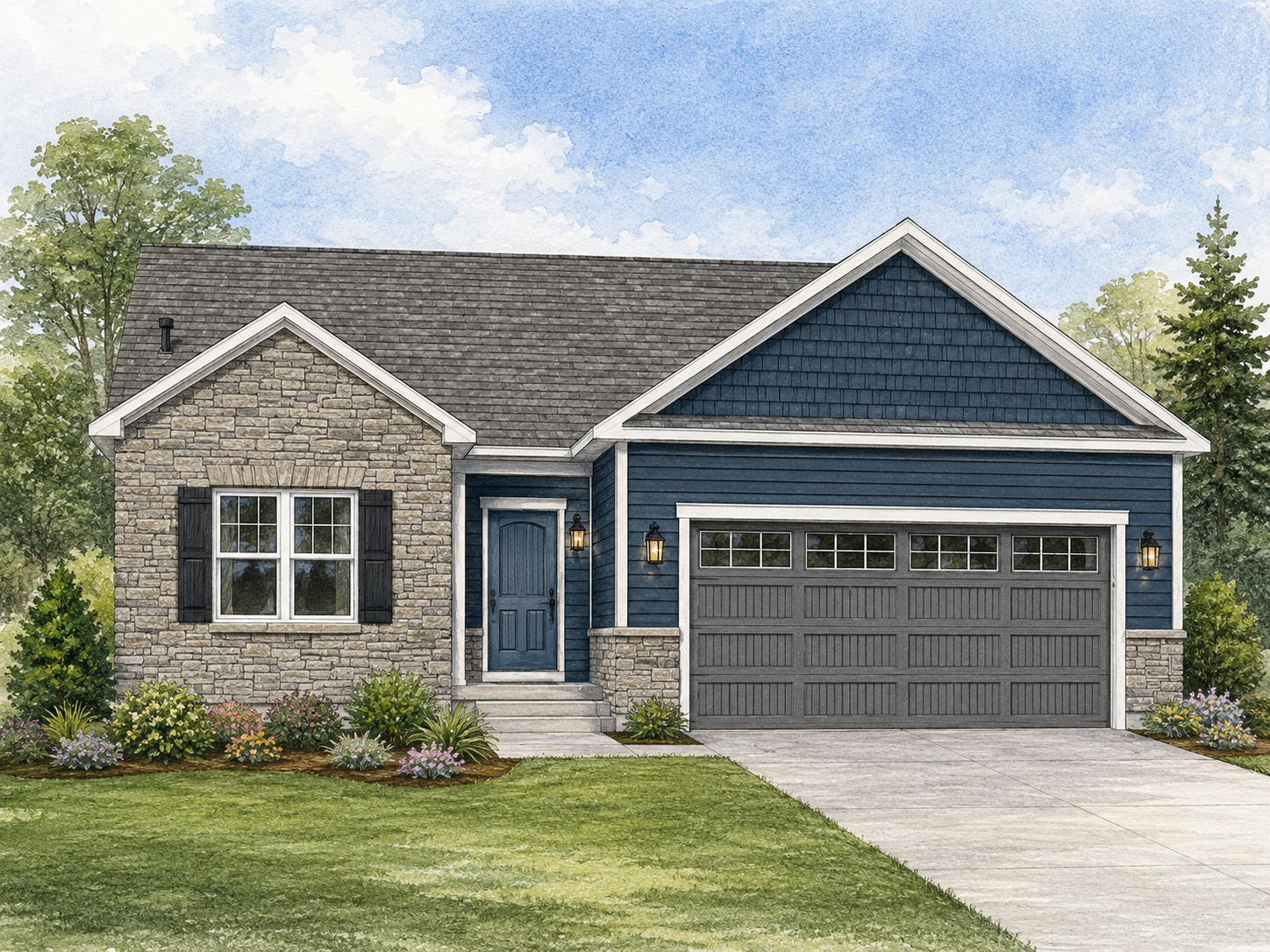 Front view of a suburban house with stone veneer on the left, blue siding on the right, and a two-car garage with gray doors.