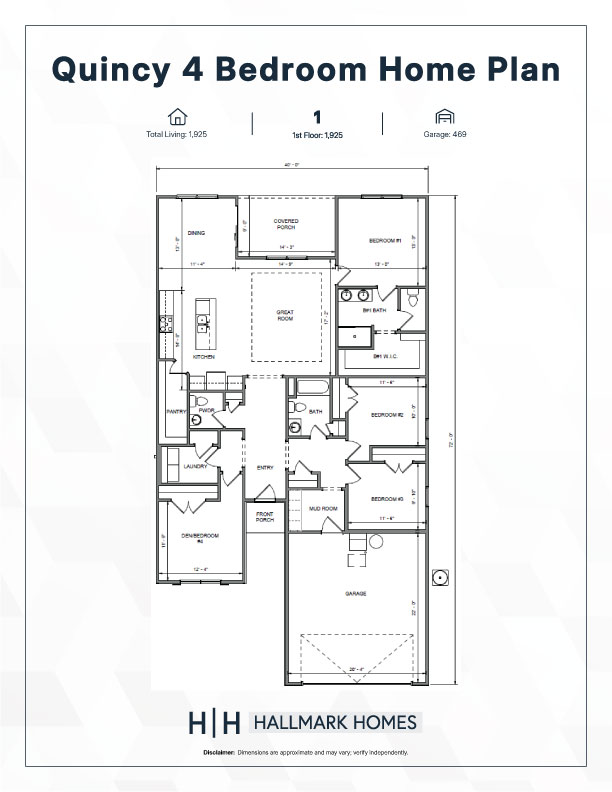 Quincyfp4 | Hallmark Homes Quincy 4-bedroom home plan floor layout with labeled rooms and entry, garage, and den area by Hallmark Homes.