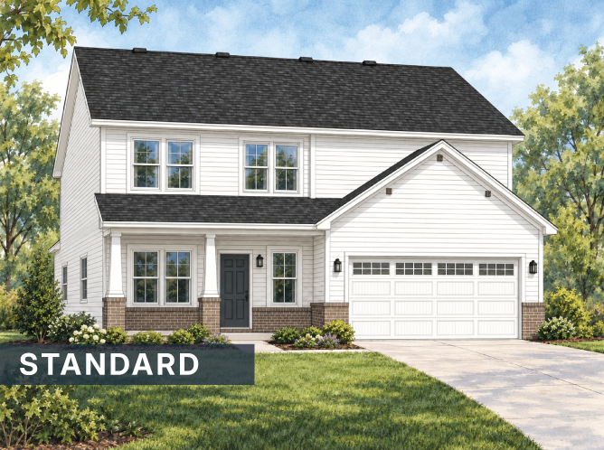 Two-story white suburban house with a two-car garage, front porch, and a green lawn; a 'STANDARD' label appears in the lower-left corner.