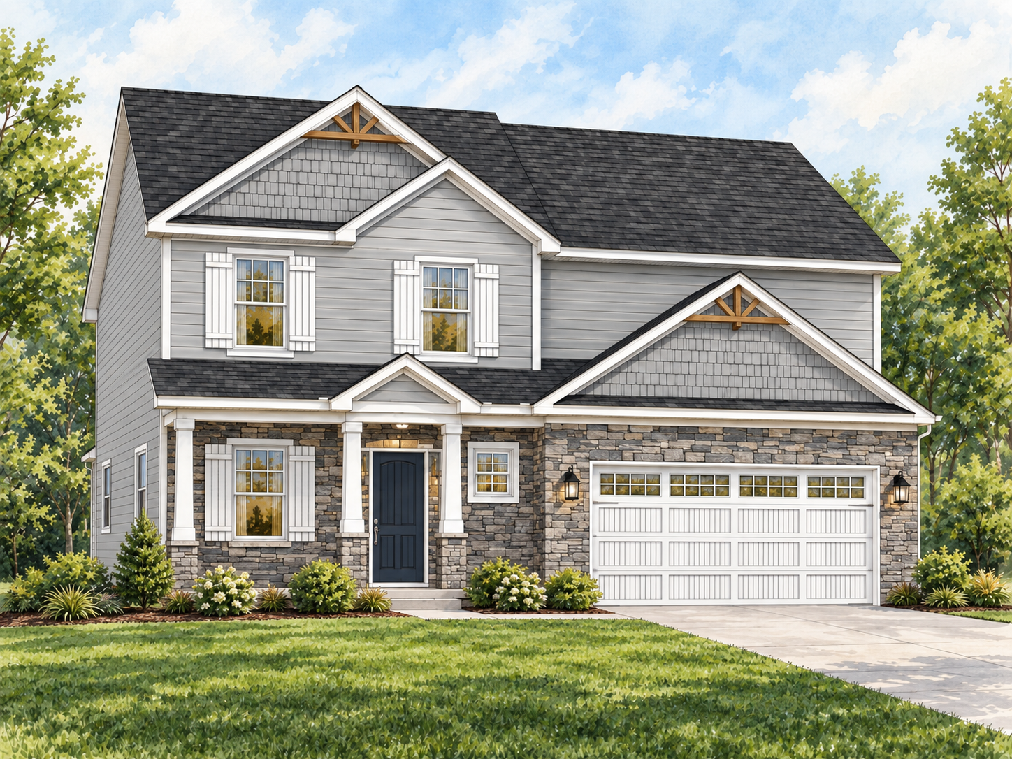 Blue two-story suburban house with gray shingled roof, stone façade on the first floor, white trim, and a two-car garage.